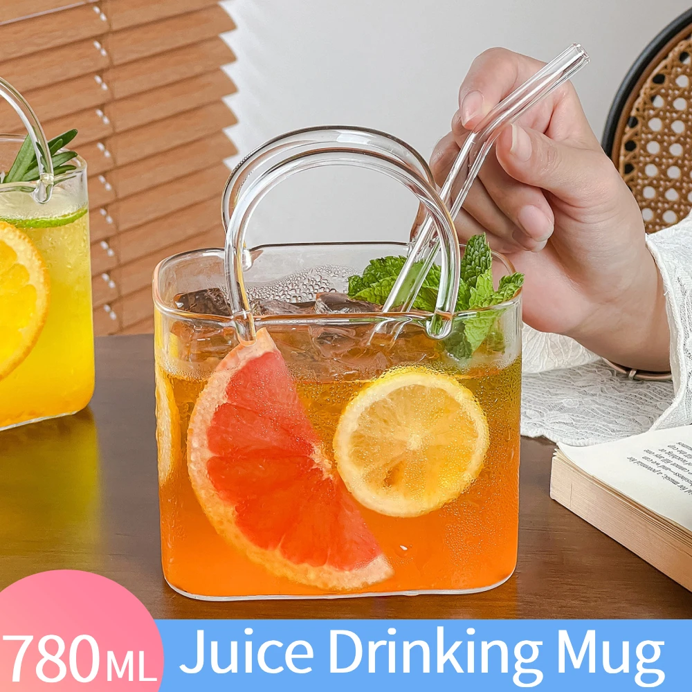 Glass Purse with Glass Straw Fish Tank Vase Handbag Shape Decorative Flower Vases for Women Party Drinks Set