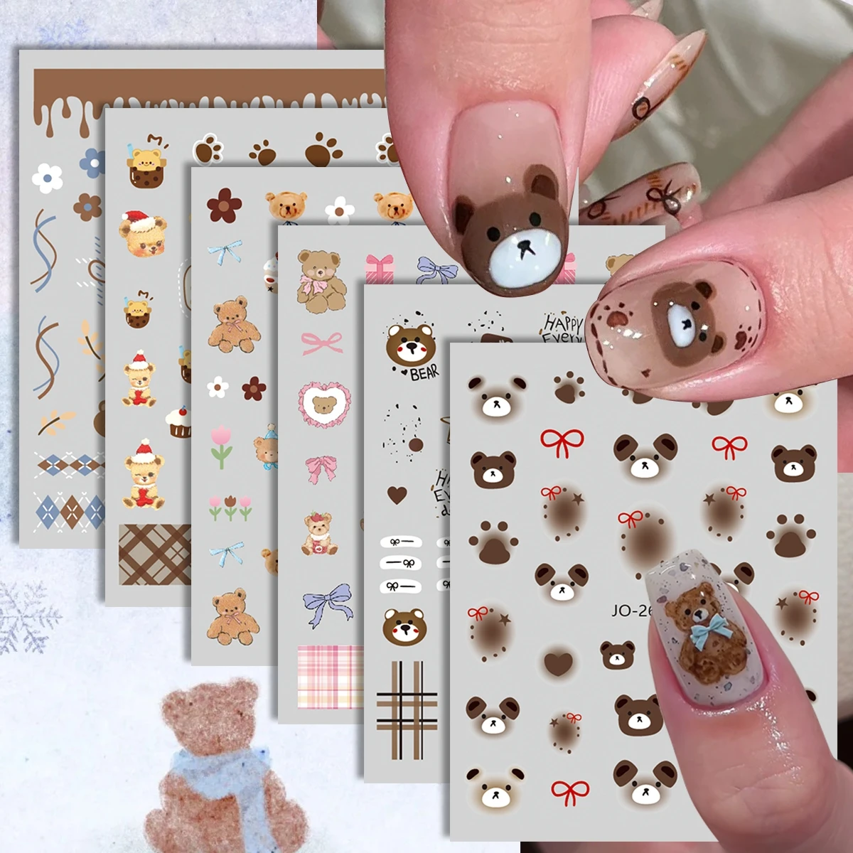 3/6/12/18 Sheets 3D Cute Bear Nail Stickers Teddy Bear Bow Plaid Heart Self Adhesive Cartoon Nail Art Decals