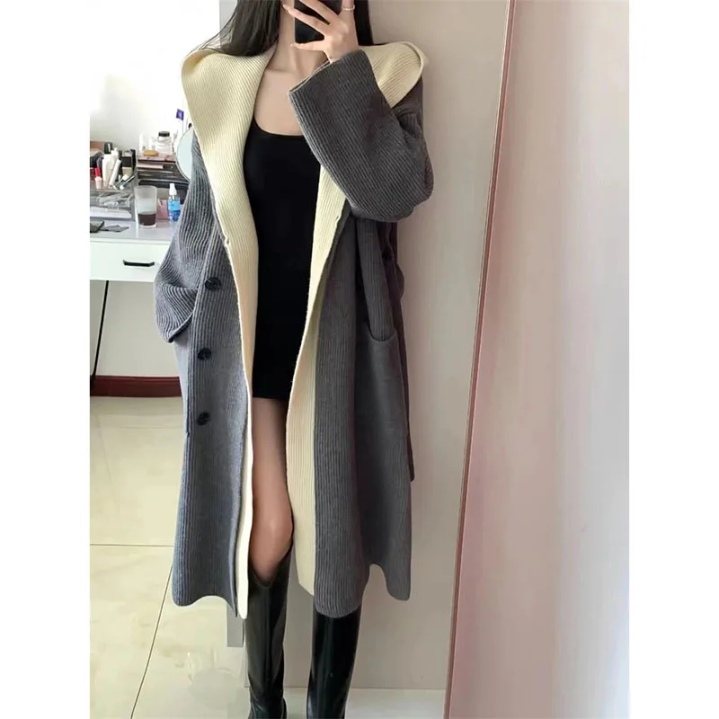 

Color Blocked Fake Two-piece Hooded Knitted Cardigan Sweater for Women Spring Autumn Winter Loose Mid-length Windbreaker Coat