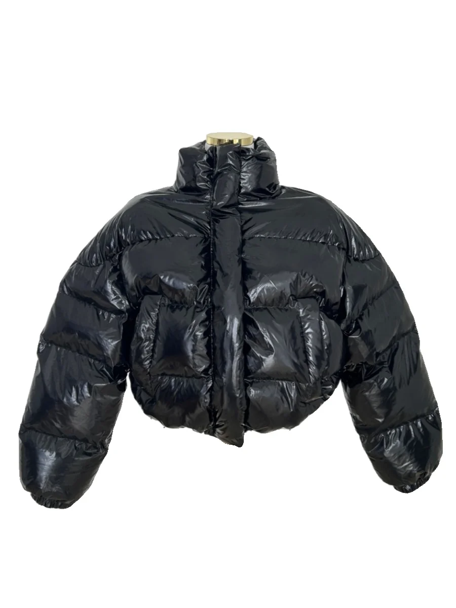 光沢のある表面ダウンコットンジャケット レディース レトロ スタンドカラー ルーズ スリミング 厚手 暖かい ショート丈 パフスリーブ パンコート