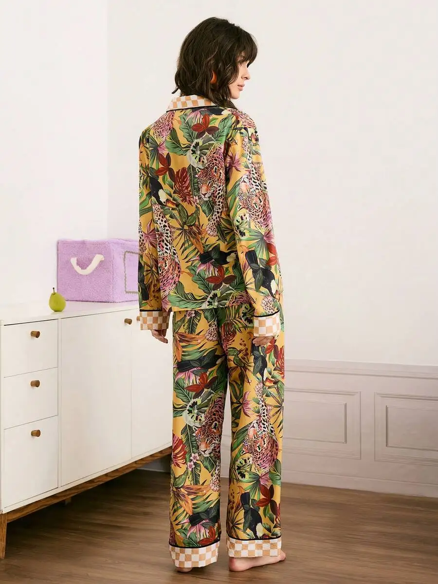 

Womens Leopard And Tropical Print Silk Pajama Set Loungewear Sleepwear