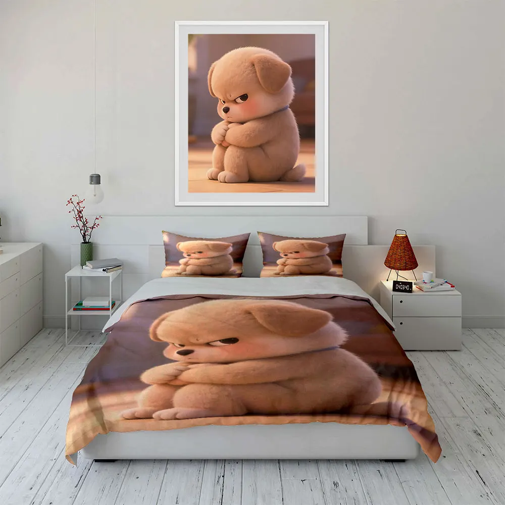 Interesting Angry puppy sitting curled up Duvet Cover Set with 3D Printing Design Soft Polyester Bedding Set All-Season Comfort