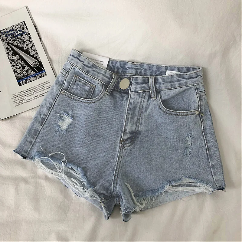 

High Waist Denim Shorts Women's Summer New Korean Style Simple plus Size Loose Wide Leg Pants Torn Hot Pants