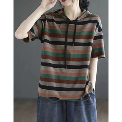 Women Summer Vintage Fashion Large Size Hole Striped Loose Short Sleeve Tee Shirt Ladies Casual Lacing Fashionable Hoodies