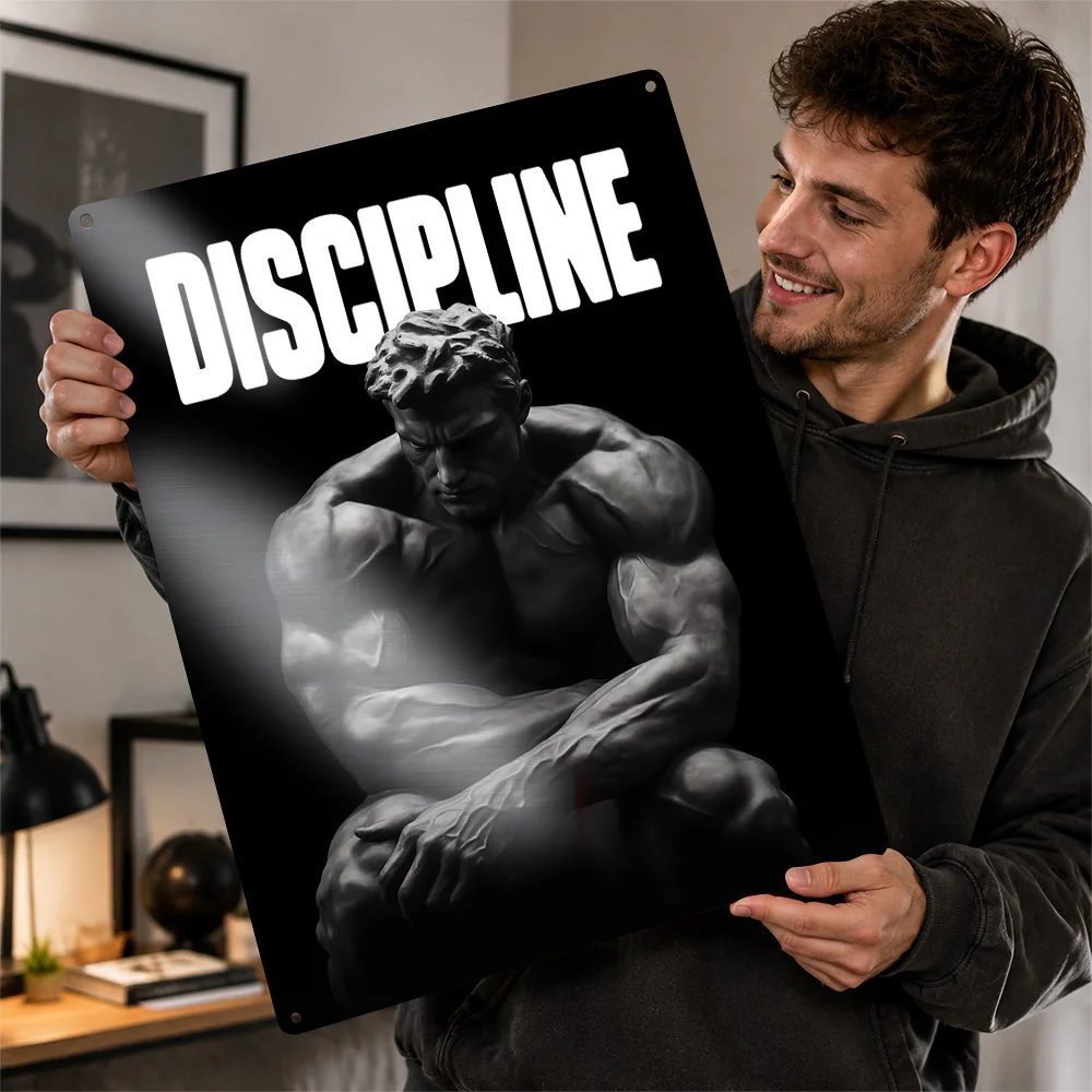 Discipline Muscular Male Statue Aluminum Poster Monochrome Wall Art For Home Office Customized Metal Sign Graduation Gift Idea