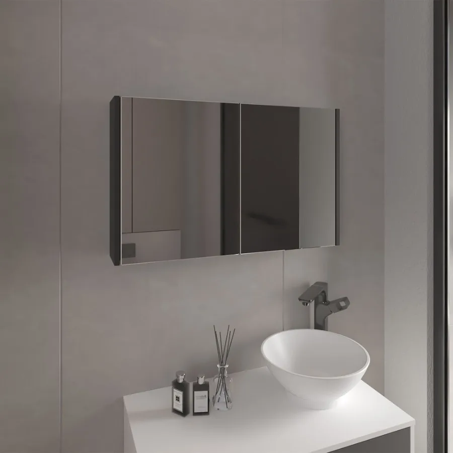 

Bouti 19.7 H x 31.5 W Double Door Mirror Medicine Cabinet Three interior Shelves for Bathroom Kitchen Black
