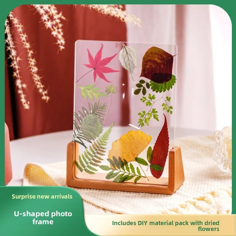 Acrylic Wooden U-Shaped Double-Sided Transparent Photo Frame DIY Embossed Flower Display Stand Creative Mother's Day Decorati...