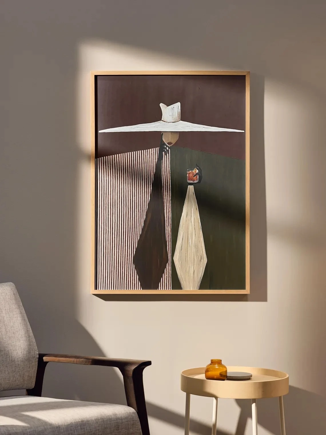 Frameless Minimalist Woman in White Hat Canvas Prints Modern Figurative Wall Art Stylish Cocktail Illustration Contemporary Fash
