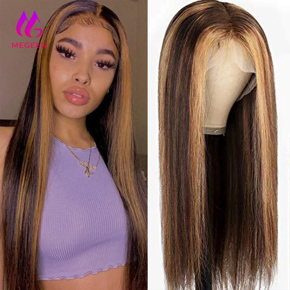 Megeen P427 Colored Straight 13X4 Lace Front Wig Human Hair 100% Human Hair Highlight Pre Plucked Honey Blonde Lace Front Wig