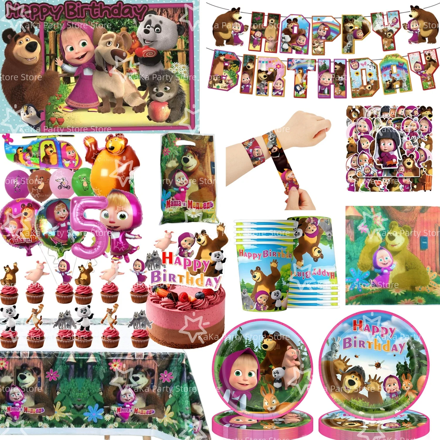 Decoración para Fiesta de Cumpleaños de Niña y el Oso, Vajilla, Mantel, Platos, Vasos, Servilletas, Bolsas, Globos, Recuerdos para Baby Shower, Fiesta de Masha