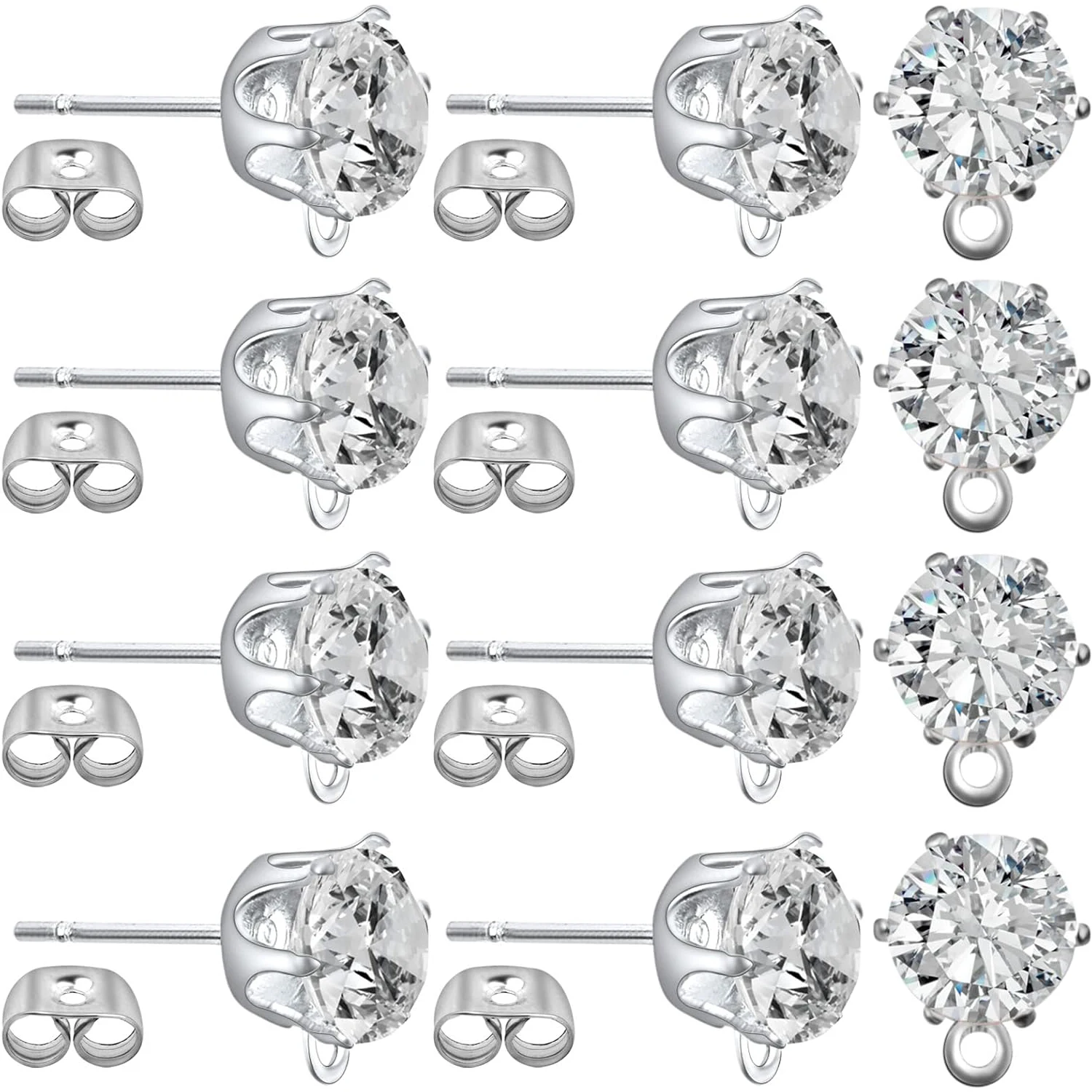 

60pcs Zirconia Earring Posts with Loop Hypoallergenic Rhinestone Earring Studs and 60pcs Earring Backs Stoppers for DIY Earrings