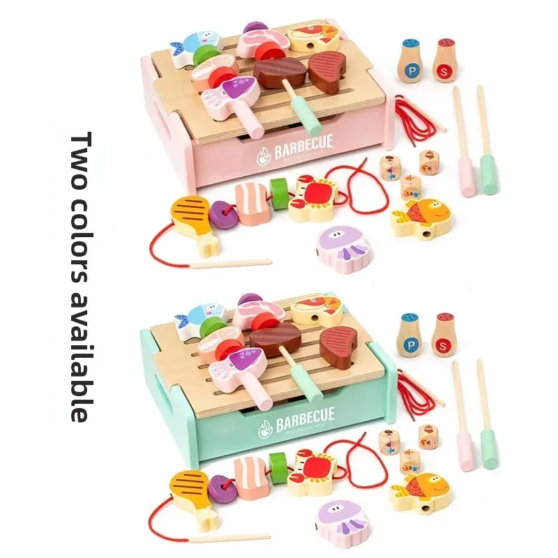木製バーベキューおもちゃセット-キッチンごっこ遊びおもちゃ-食品マッチングゲーム-子供用ロールプレイングゲーム-細かい運動能力を養うおもちゃ-男の子と女の子向け