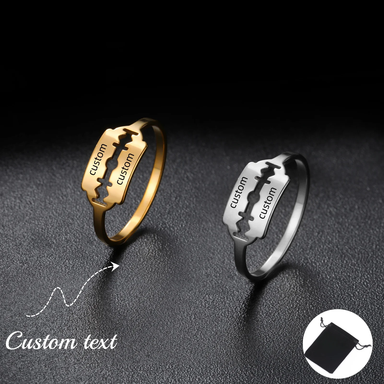 Customized Name Text Hollow Shaver Blade Men's Ring Stainless Steel Punk Hip Hop Rock Couple Ring Fashion Party Jewelry Gift
