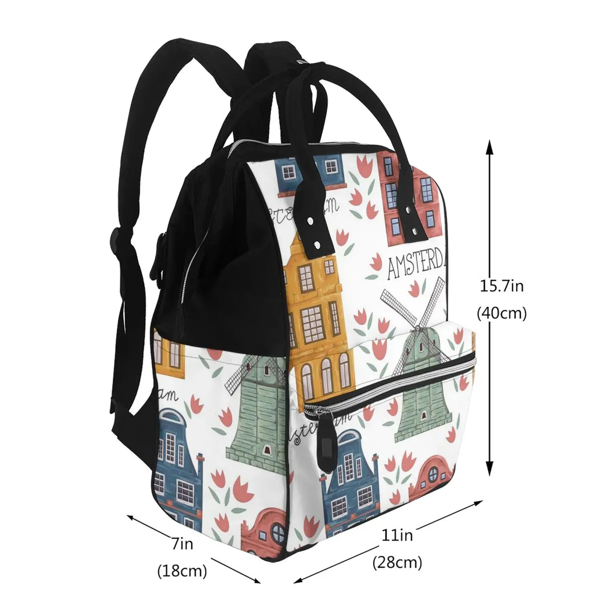 Amsterdam. Seamless Pattern With Old Historic Buildings Student Backpack School Bag Hiking Travel Daypack for Men Women Bookbag