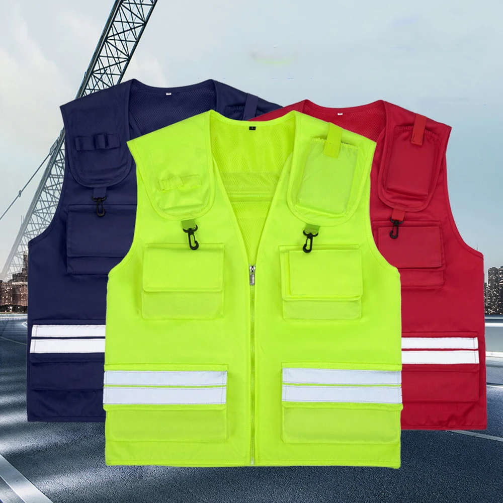 Fluorescent Yellow Vest High Visibility Reflective Work Clothes for Men Women Multi-pocket Industrial Safety Vests Hi Vis Jacket