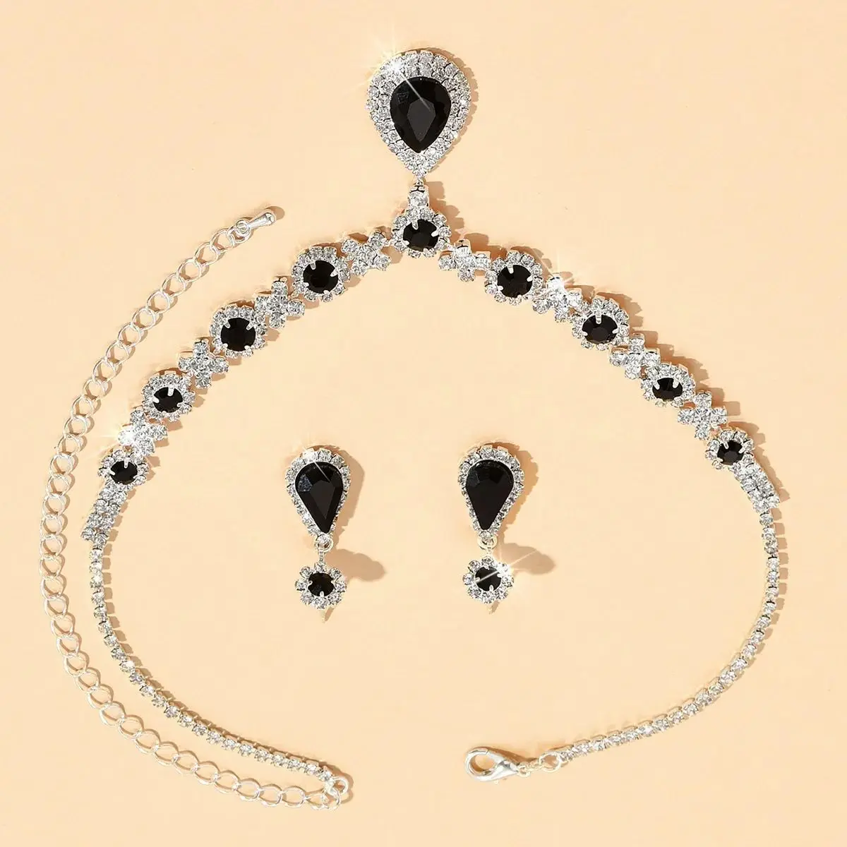 

3PC Women Trendy Metal Chain Series Water Drop Gem Necklace Earrings Jewelry Set Wedding Banquet Party Holiday Accessories Gifts