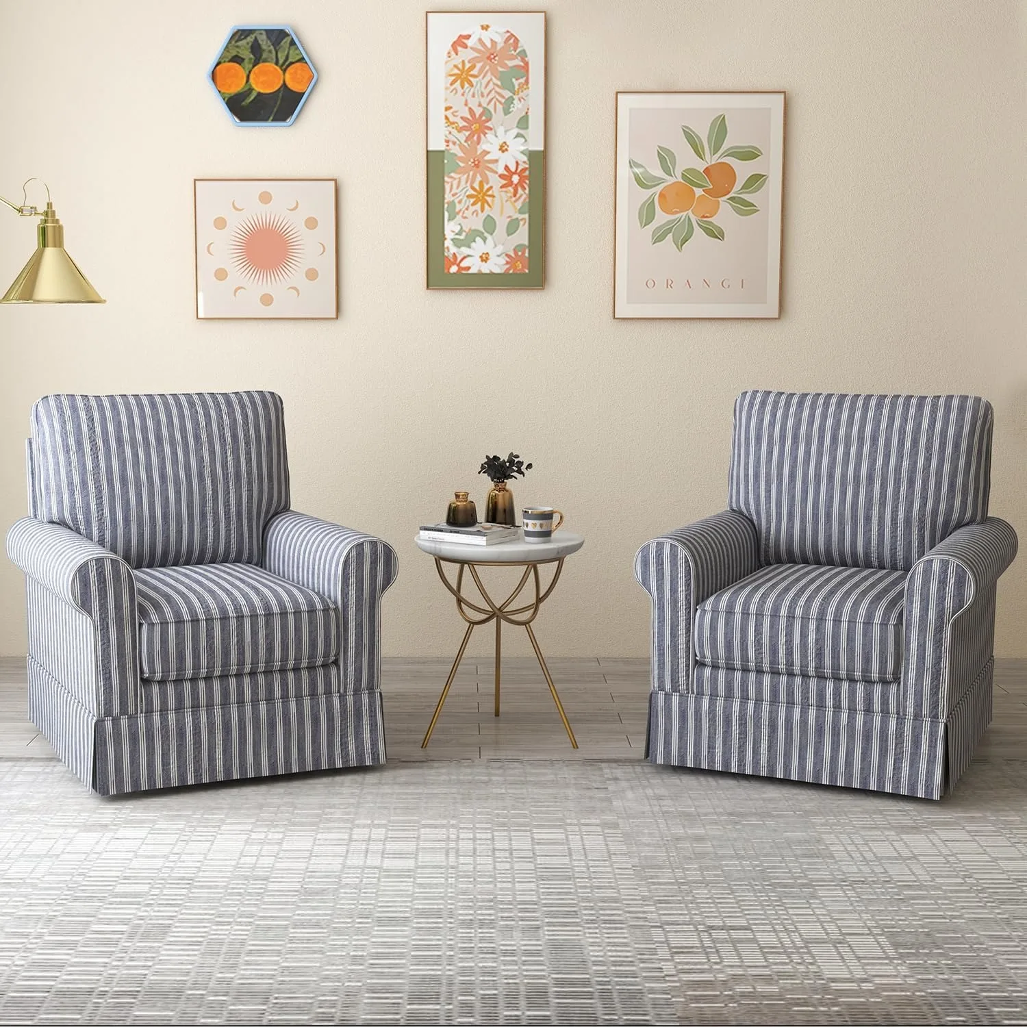 Swivel Accent Chair Linen Mid Century Modern Chair, Comfy Swivel Barrel Reading Chair, Upholstered Square Chair for Living Room Bedroom Small Spaces, Fully Assembled, Blue Stripe