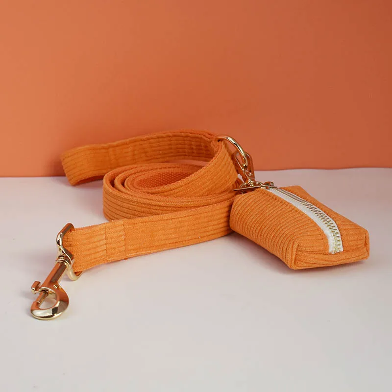 Orange Corduroy Dog Collar And Leash Set For Dogs Custom Engraved Nameplate Pet Supplies Dog Leash Corduroy11