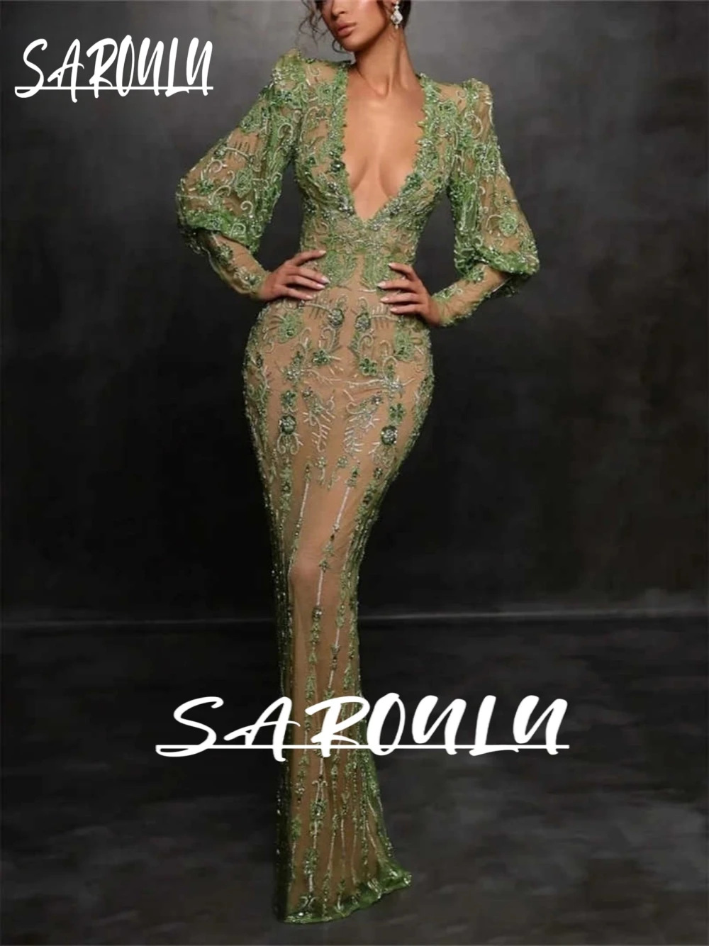 

Green Sexy Plunge Neckline Embroidery Beaded Evening Dress Beautiful Bodycon Prom Gown With Slit Customized Formal Party Wear