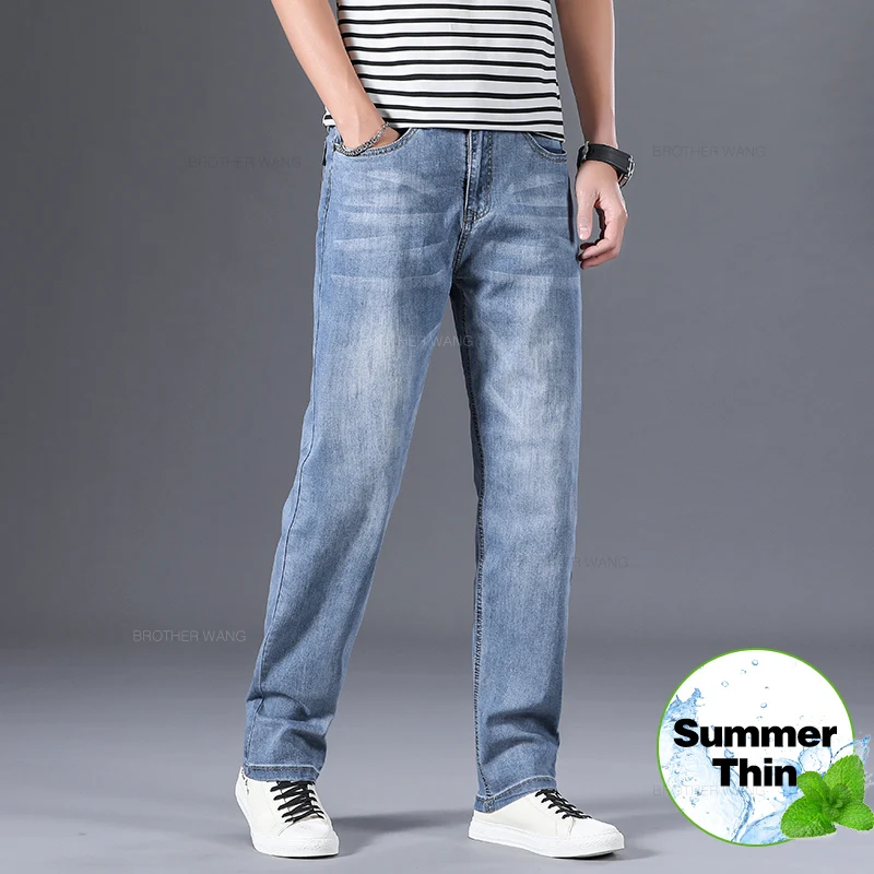 

2024 Summer Thin Fashion Light Blue Jeans Loose Pants Business Straight Casual Elastic Cotton Denim Trousers Brand Clothes