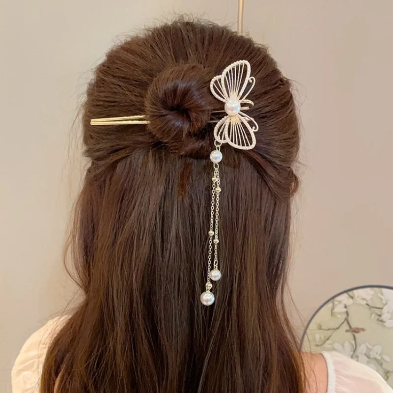 Classic Chinese Butterfly Pearl Tassel Hair Stick for Women Handmade Metal Hairpins Charm Jewelry Accessories Styling Tools