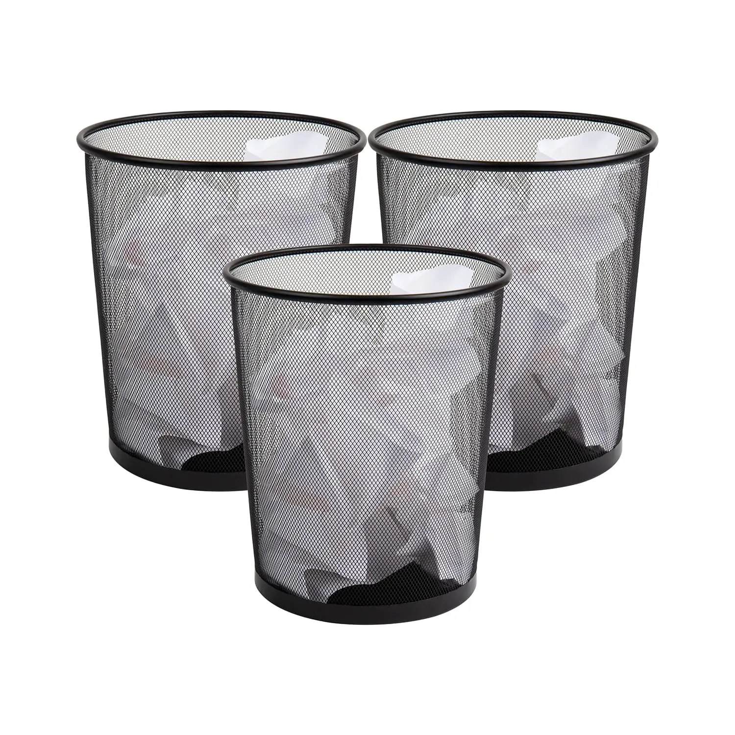 

Набор из 3 круглых металлических мусорных корзин с сетчатым дном, черные, для офиса, 11.5" Д x 11.5" Ш x 13.75" В