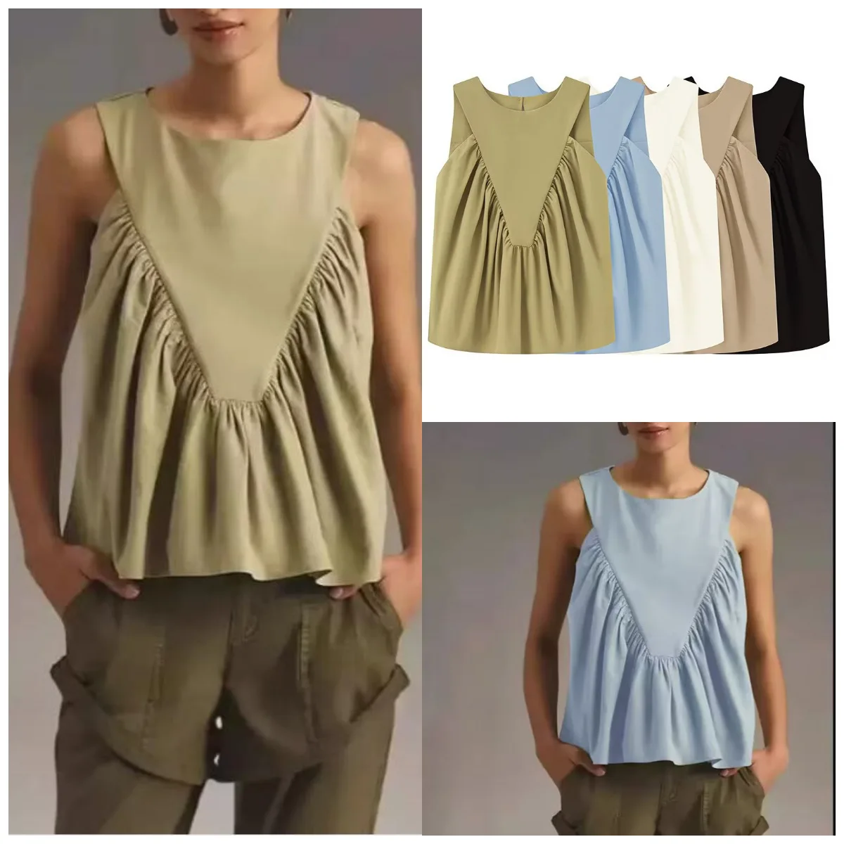 

Loose Fit Round Neck Sleeveless Pleated Tank Tops Women's Casual Stylish Simple Pleated Round Neck Sleeveless Tank Top Multiple