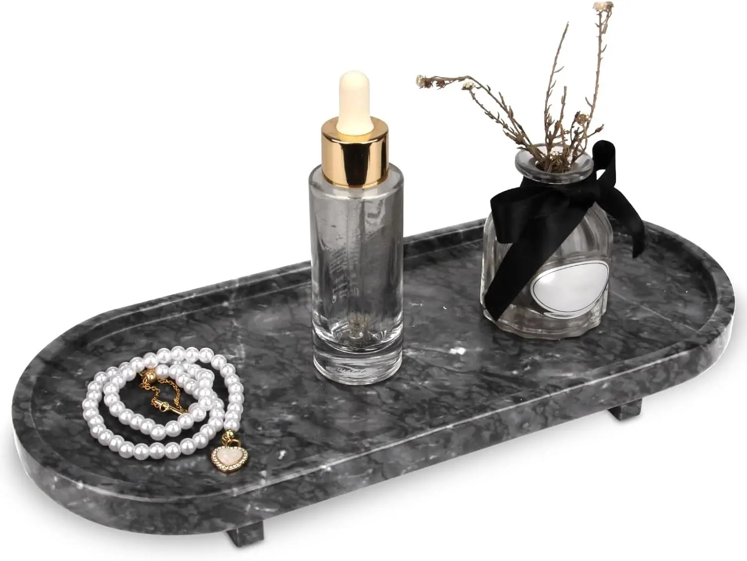 

Oval Marble Vanity Tray with Legs Small Decorative Stone Organizer for Bathroom Dresser Kitchen Toilet Keys Rings