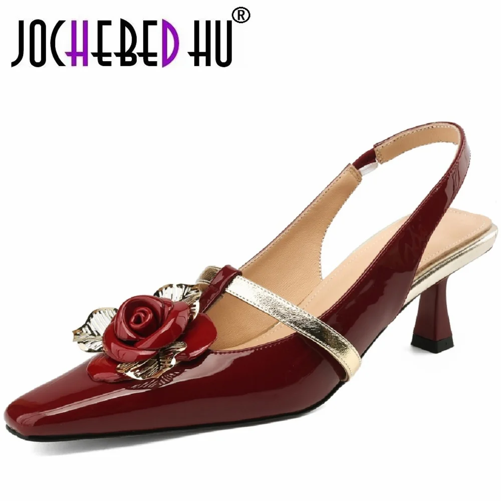 

【JOCHEBED HU】Women Brand Genuine Leather Flowers Sexy Square Toe Thin Heels Wedding Heels Slingback Summer Sandals 33-43