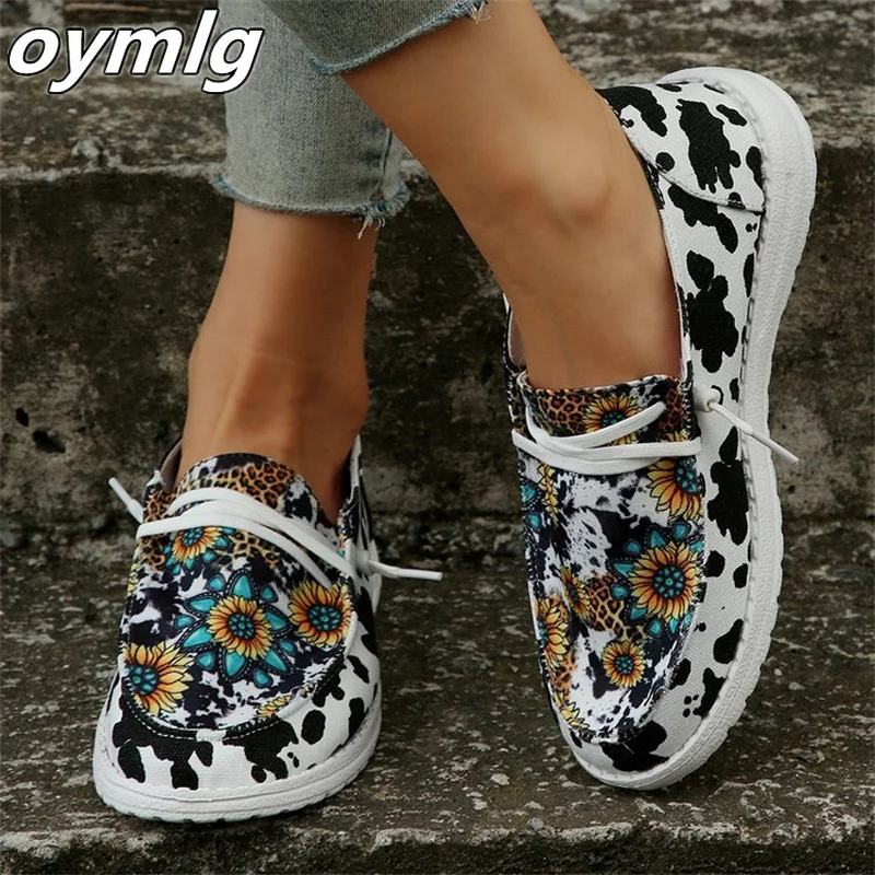 Large 2023 New Printed Fabric Face Single Shoes Round Toe One Step Flat Bottom Lazy Shoes Casual Single Shoes Female