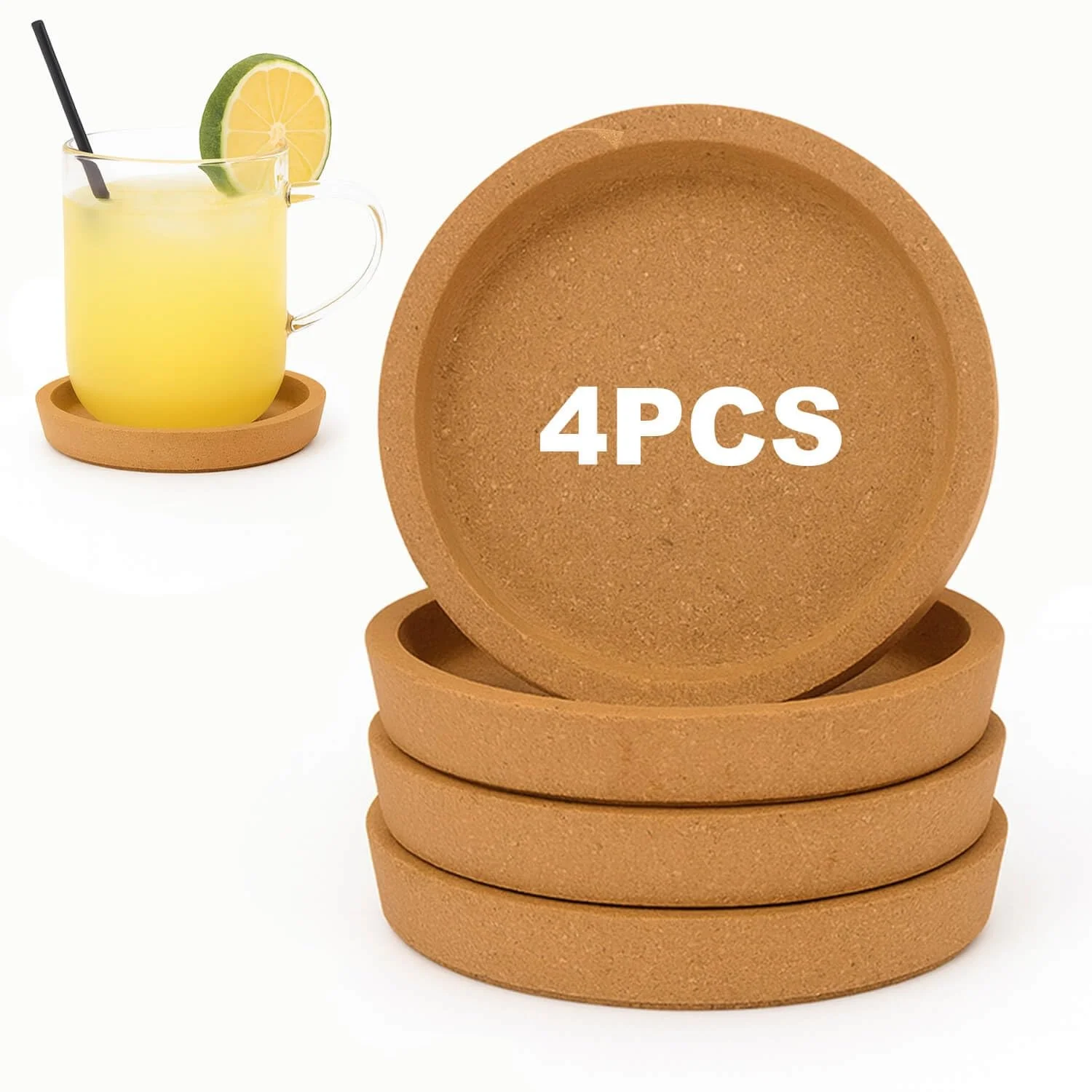 Cork Coasters, Thickened with Raised Edges, Reusable Absorbent Coasters, Stackable, Pack of 4
