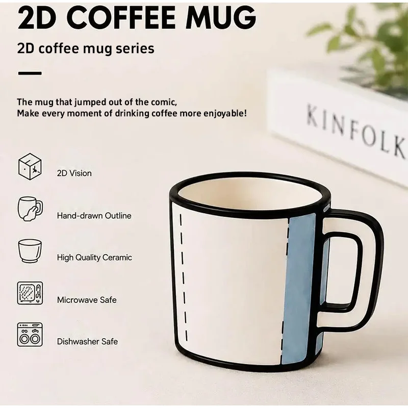 Minimalist Generic Cartoon Ceramic Mug Set Creative 2D Vision Large Capacity Creative Coffee Water Cup For Home Office Daily Use