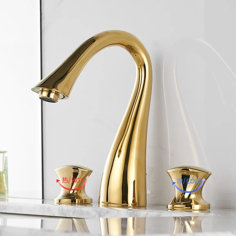 Brass Gold Plated Basin Faucet Bathroom Sink Faucet 3 Hole Double Handle Hot Cold Water Tap European Swan Neck Shaped Taps Set