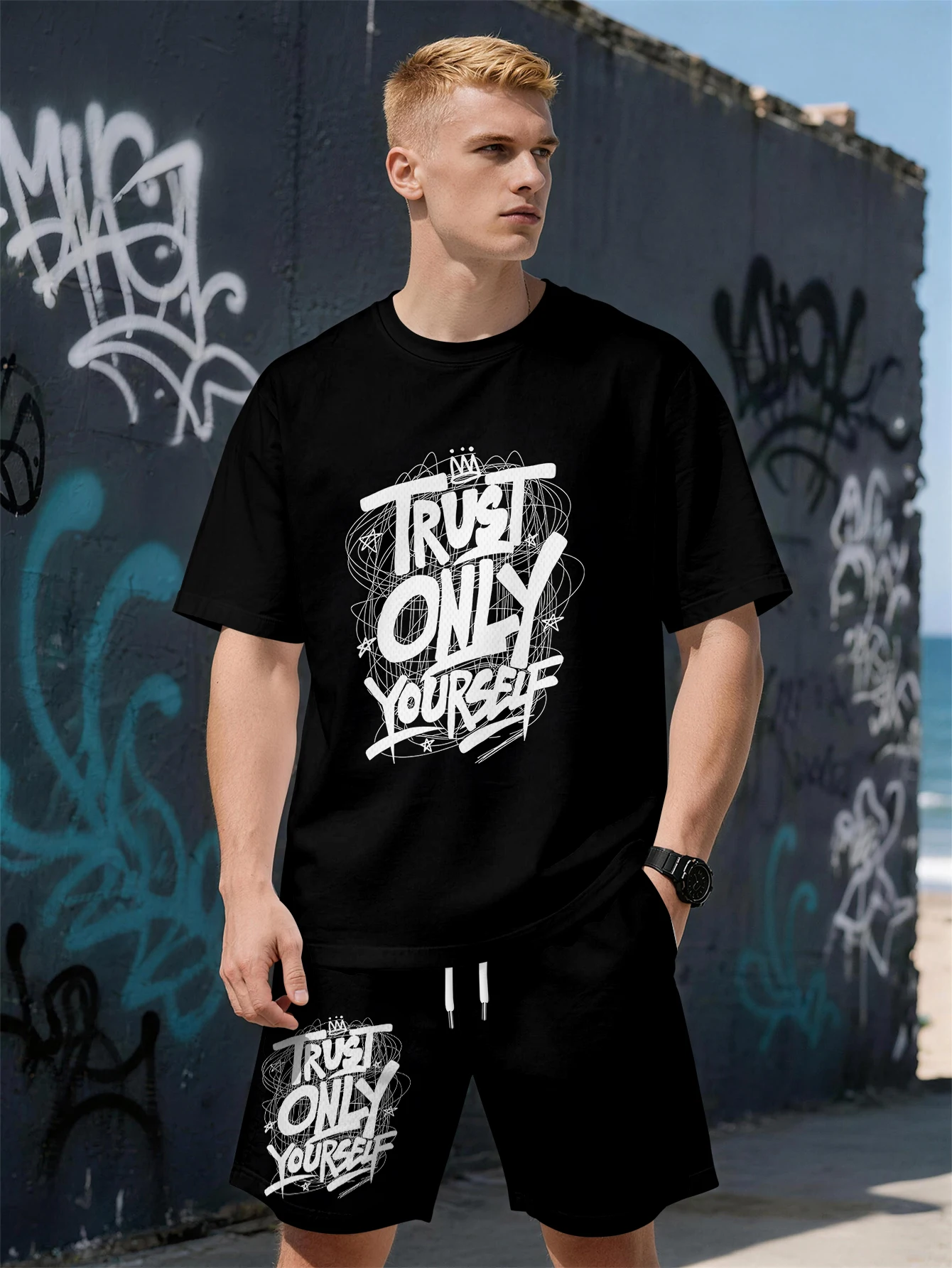 

2026 Summer New Men's Short-Sleeved Set with 3D Simple Letter Print Fashionable Street Style Comfortable Lightweight Soft