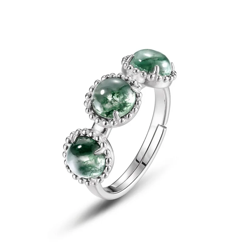 

925 Sterling Silver Round cut Natural 6*6mm Moss Agate Gemstone Rings For Woman Party Trendy Anniversary Gifts