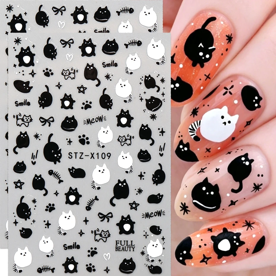 Cute Black White Cat Nail Art Sticker Cartoon Kitten Paw Prints Meow Paw Fish Bone Bow Star Fat Cat Kawaii Manicure Slider