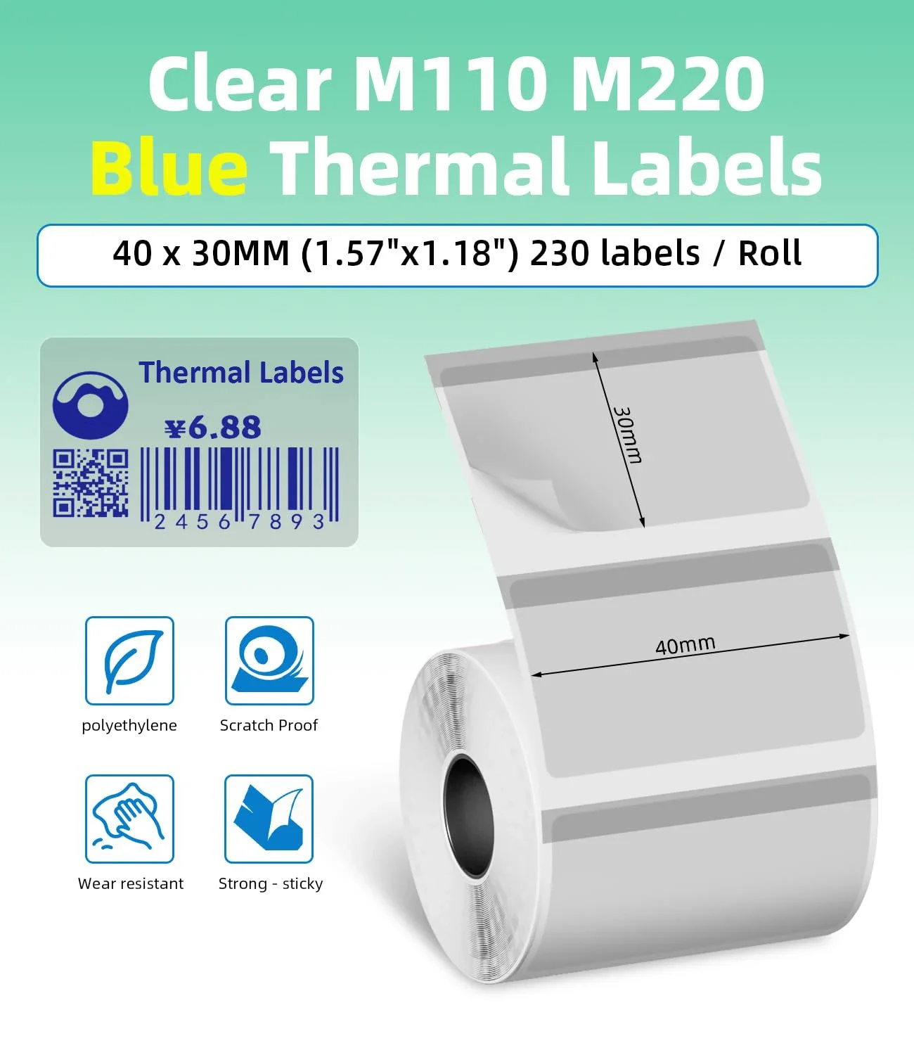 Etiquetas térmicas-etiquetas transparentes etiquetas m110 para m110/m220/m221/m120/m200, 1.57 "x 1.18" (40x30mm) azul sobre transparente 230 etiquetas/rolo