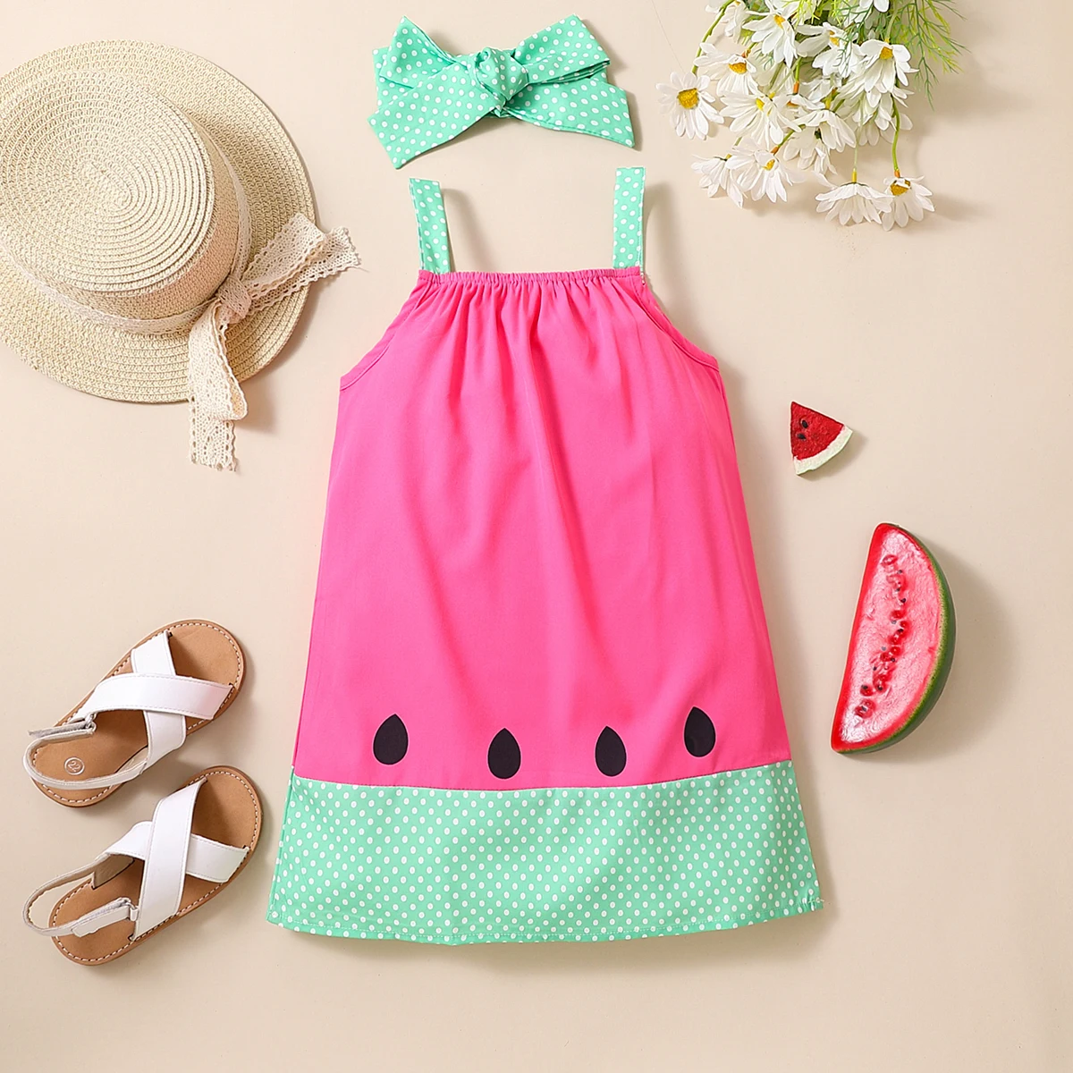 Girls Summer Halter Dress Watermelon Print Mint Polka Dot Skirt Matching Bow Hairband Red Gown with Black Seeds Decoration