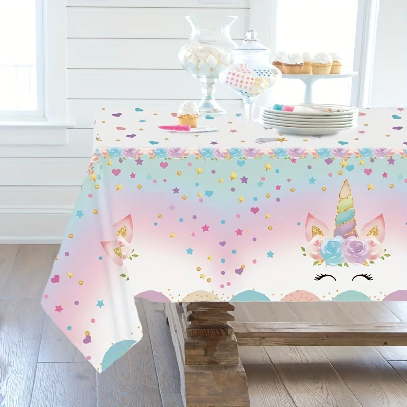 1pc, Wedding Decorations, Summer Decoration, Decor for Outside, Decor, Colorful Unicorn PE Tablecloth, 51.18X86.61inch, Machine
