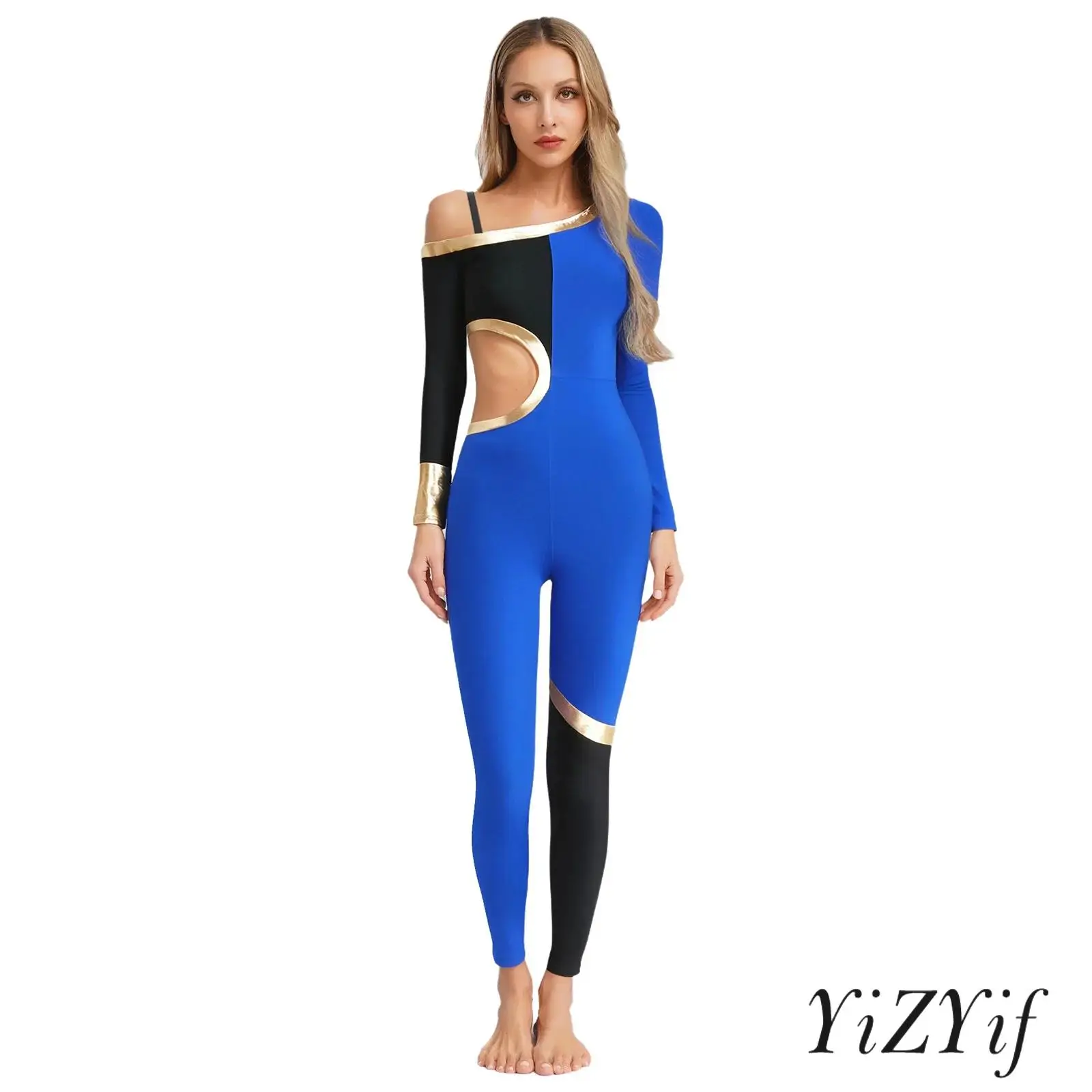 

Female Dance Jumpsuit One Shoulder Spaghetti Strap Long Sleeve Metallic Color Block Waist Cut Out Stage Shows One-piece Clothing