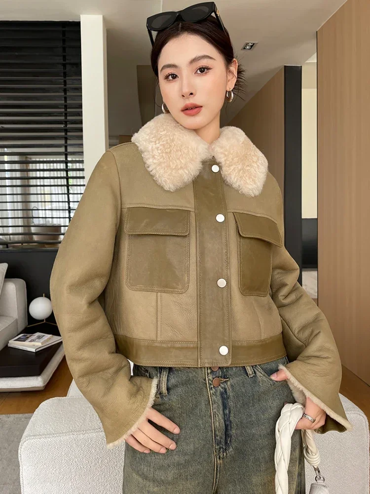 

High-end Luxury Merino Sheep Fur Winter Motorcycle Jacket for Women Simple High Waisted Short Genuine Leather Real Lamb Fur Coat