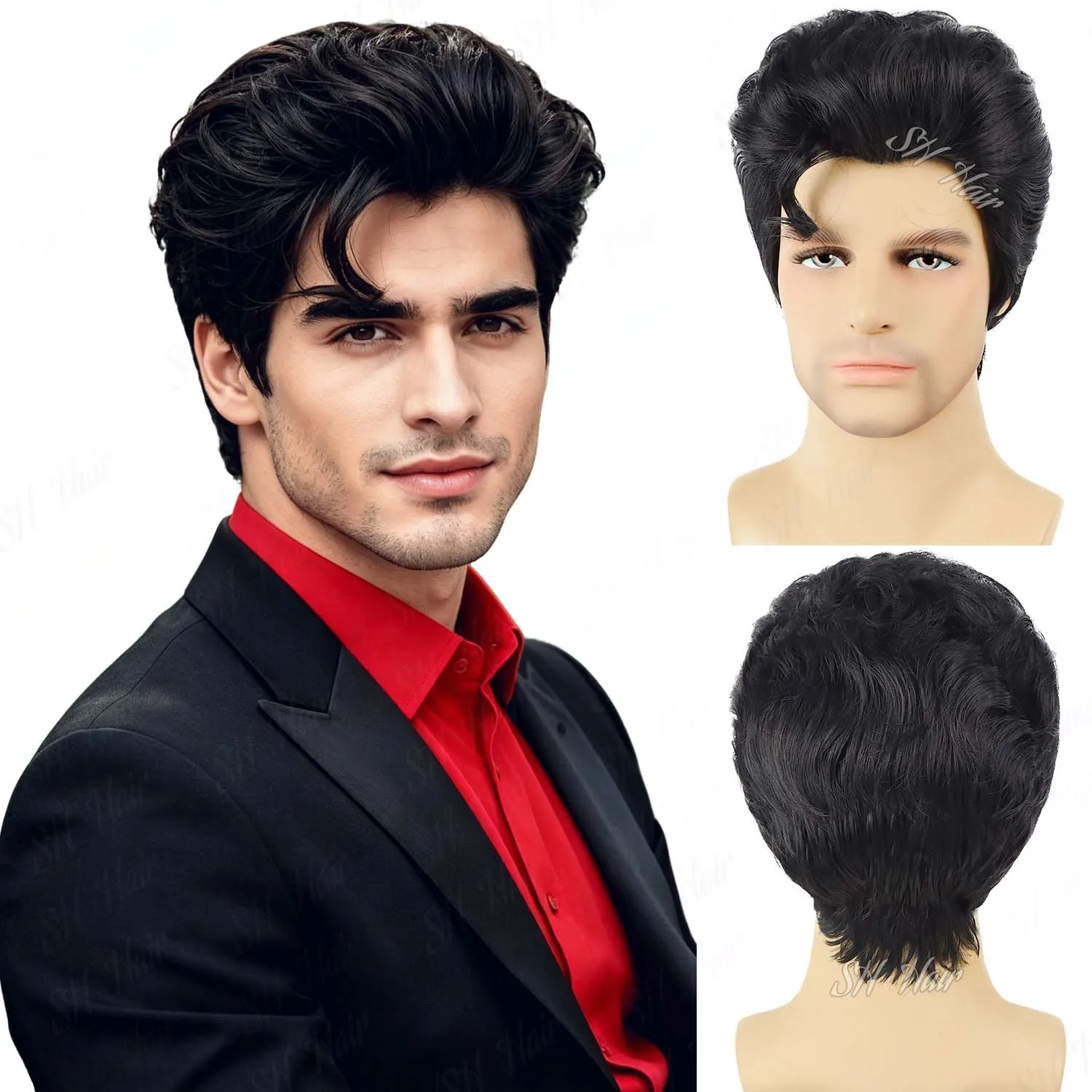 Synthetic Black Short Wig for Men 1950s Disco Elvis Presley Cosplay Wig Halloween Daily Wear Masquerade Party Stage Performance