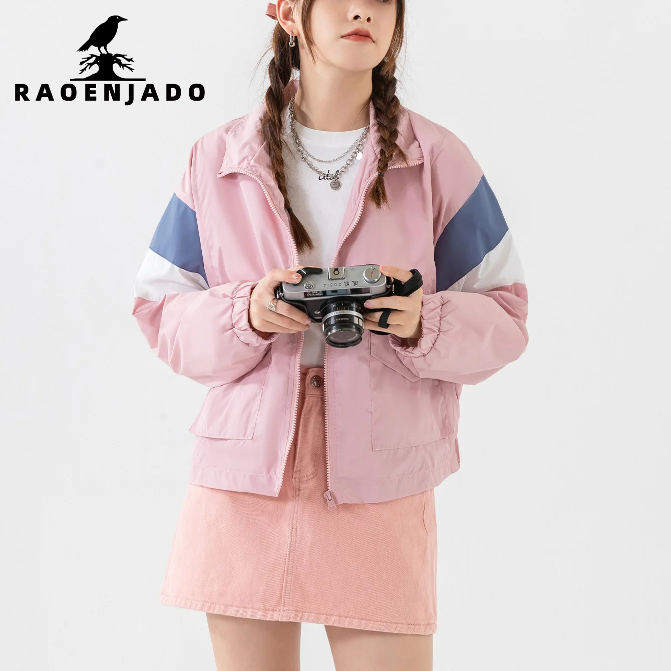 

Women's Spring and Autumn Lapel Zipper Jacket Loose-Fit Casual Color-blocking Style Delicate Elastic Cuffs Coat