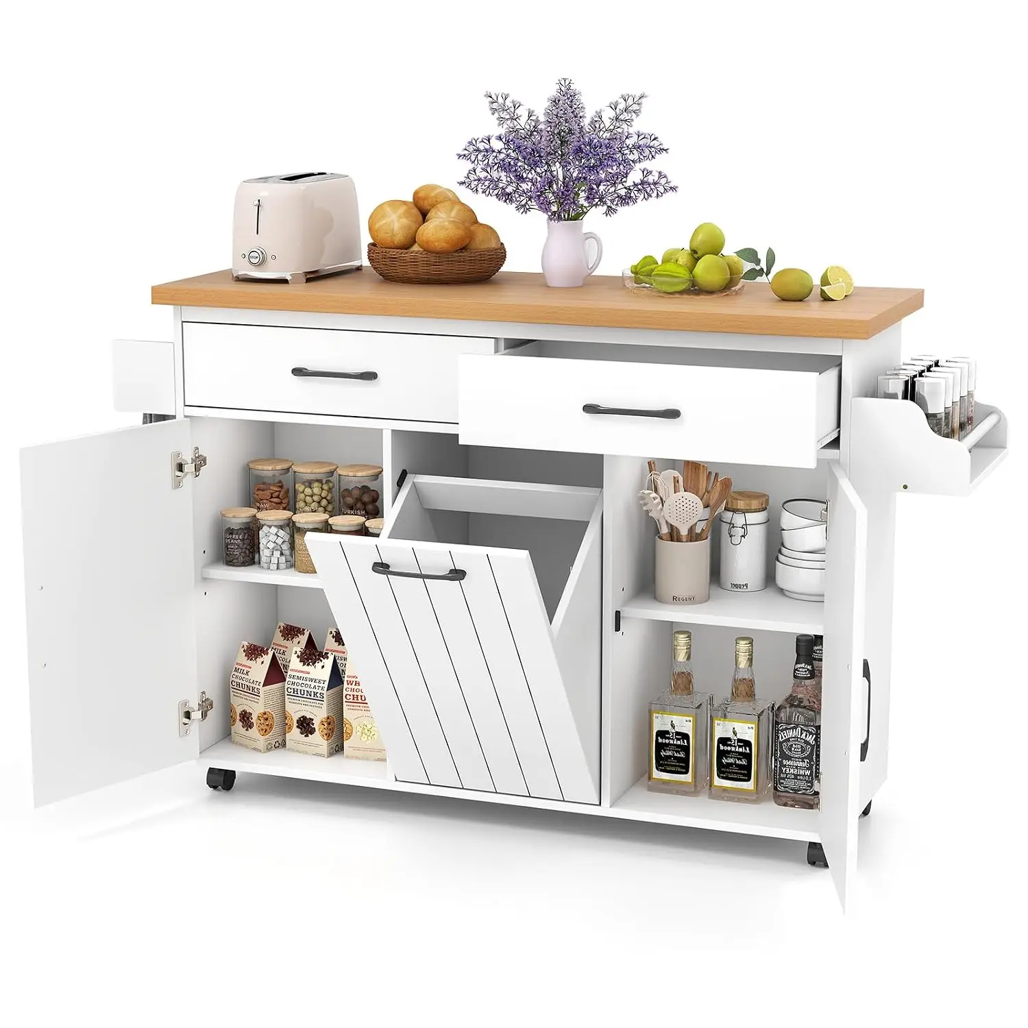 White Rolling Kitchen Island Cart with Trash Cabinet & 2 Drawers, Customized