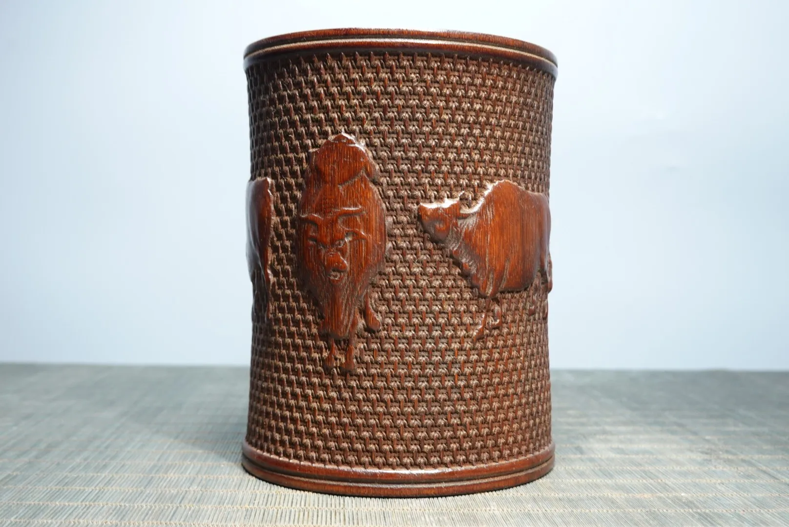 6 "مجموعة معبد التبت القديمة الخيزران الخشب نحت خمسة البقرة نمط حامل قلم جمع الثروة الحلي تاون هاوس