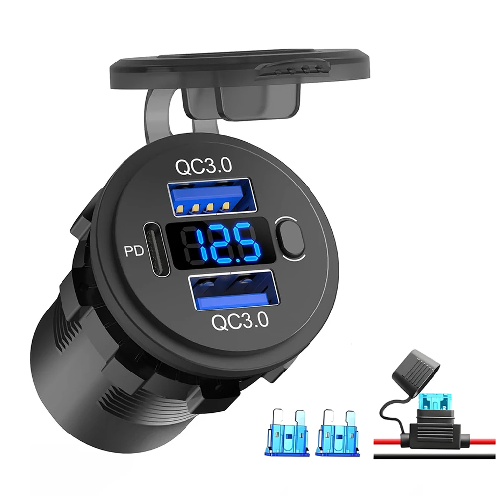 3-Port RV USB-C Outlet 12V USB Fast Charger Socket PD3.0 30W & QC3.0 Multi Car Port with Voltmeter for Camper Truck Boat Bus
