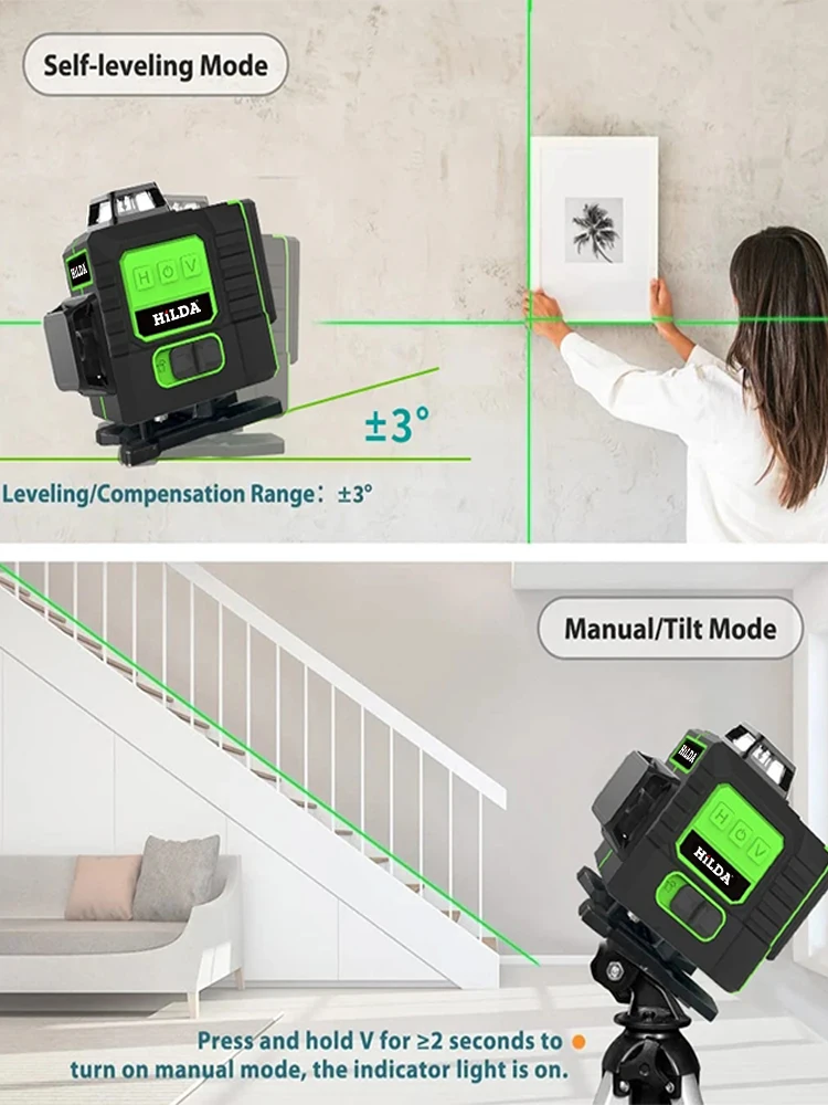 HILDA 16/12 Lines 4D/3D Laser Level Green Line Self-Leveling 360 Horizontal And Vertical Super Powerful Laser Level