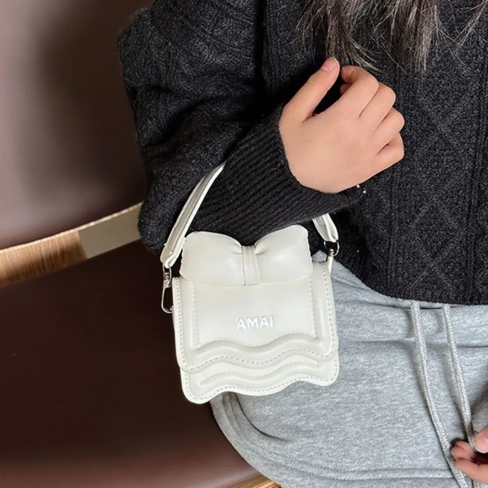 

Lovely Solid Color Mini Bow Crossbody Bag Chain Small Square Bag Sweet Shoulder Bag PU Leather Coin Purse Children Handbag Women
