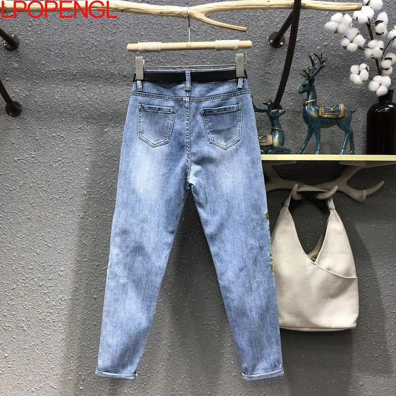 Jean Vintage Brodé de Fleurs pour Femme, Pantalon en Denim, Longueur de Rinçage, Sarouel Décontracté, Nouvelle Collection 2023