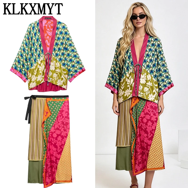 KLKXMYT Flower Stripe Printed Midi Skirts Two Piece Sets For Women 2026 Summer Chic Tied Blouse Top Suits Woman 2 Piece Outfits
